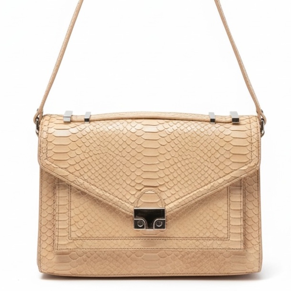 Loeffler Randall Embossed Leather Flap Push Lock Shoulder Bag Beige Snake Print